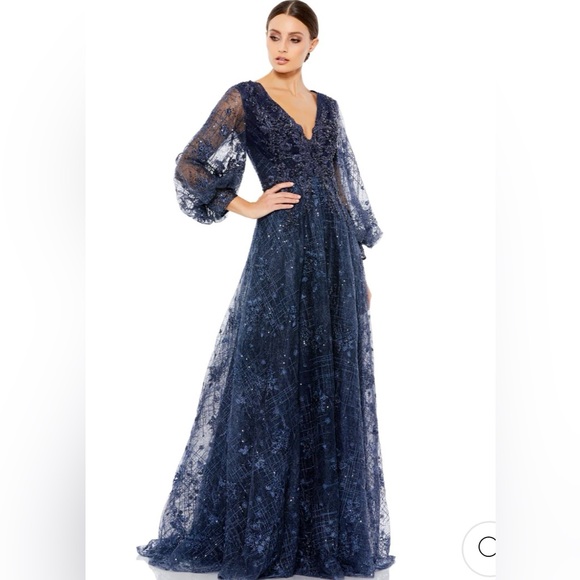 Mac Duggal Navy Blue Puff Long Sleeve V Neck Evening Gown Size 12 - Picture 1 of 10
